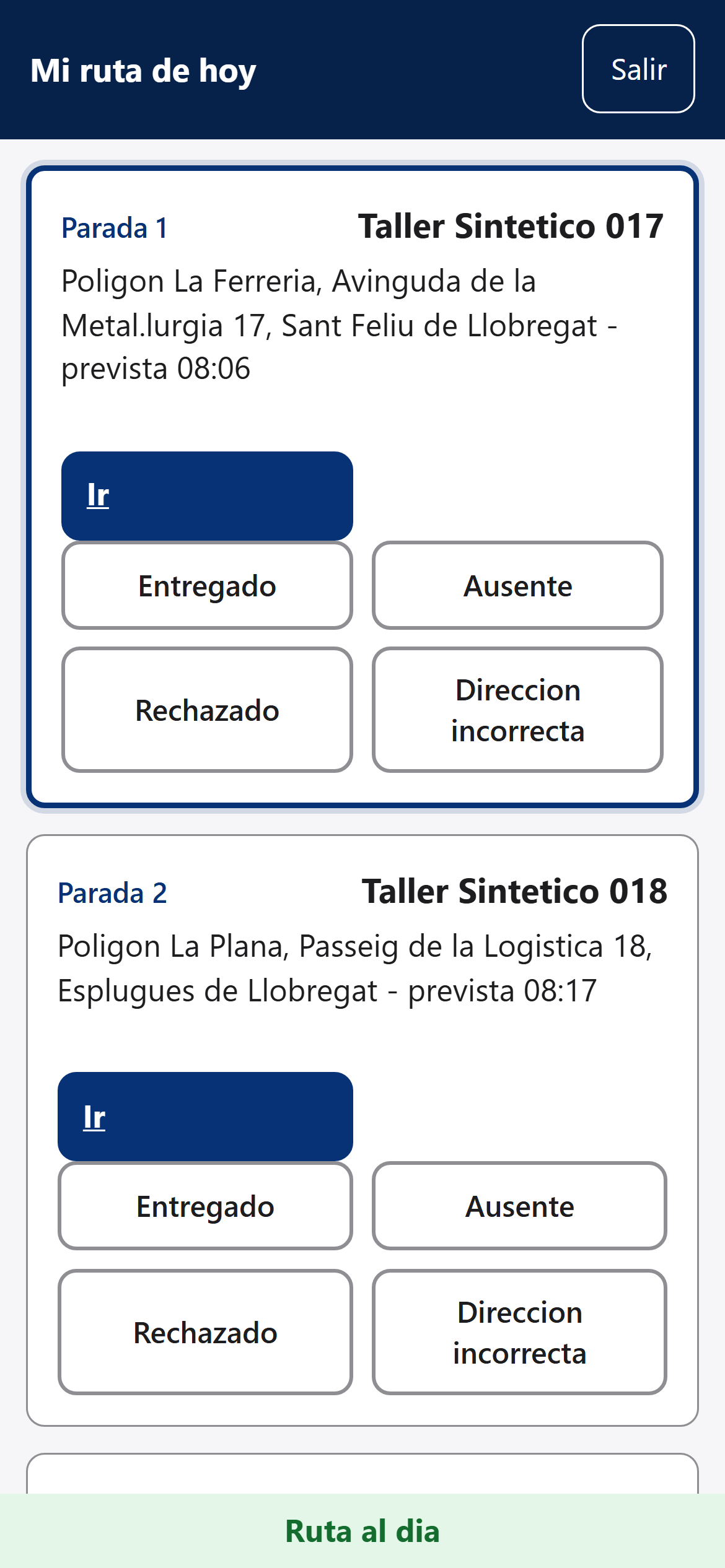 App del repartidor en el móvil con la siguiente parada y el botón de entregado.